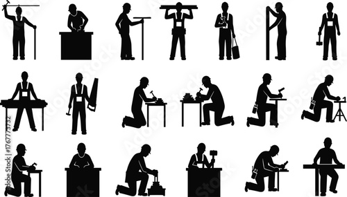 Silhouettes of construction workers, carpenters, and craftsmen, engaged in various manual labor tasks, including measuring, sawing, hammering, and woodworking, showcasing industry and skill.