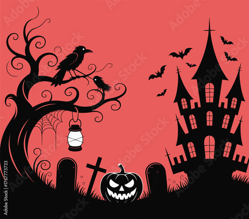 Halloween haunted house scene, spooky tree, flying bats, glowing windows, graveyard decor, red background, pumpkin lantern, eerie atmosphere, vector illustration