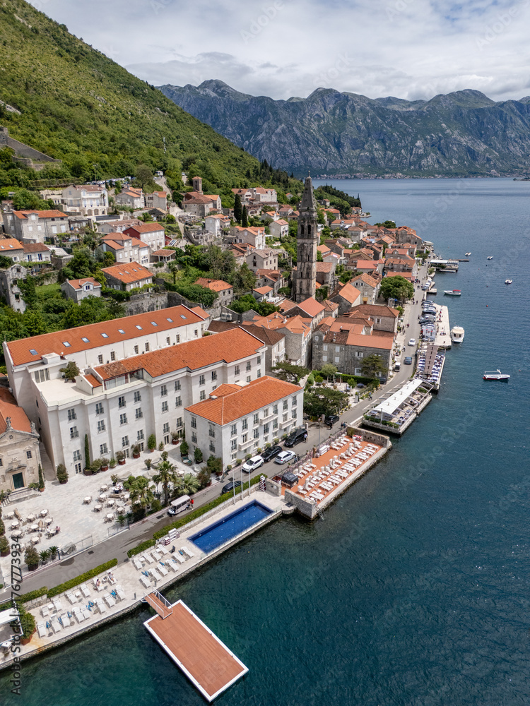 Fototapeta premium Perast in Kotor City aerial view in Montenegro