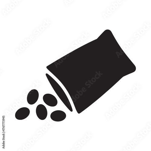 Black silhouette icon of a bag spilling out beans or seeds