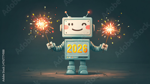 2D illustration of funny robot holding sparklers shaped like 