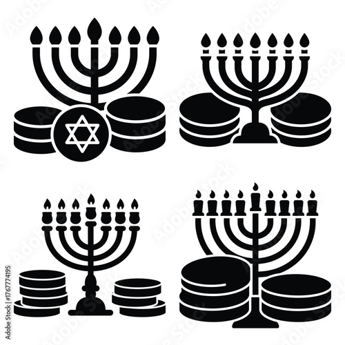 chanukah coins gelt minimal silhouette icon set, Chanukah vector icons