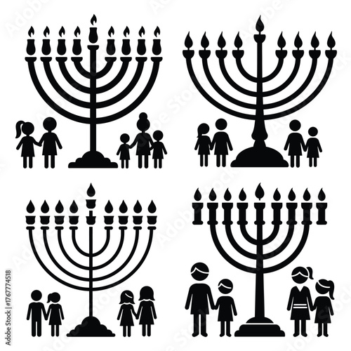 family lighting menorah minimal silhouette icon set, Chanukah vector icons