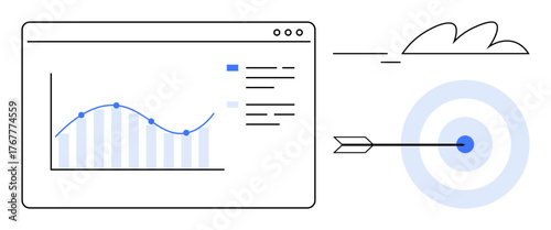 Graph in analytics dashboard highlights rising trends, paired with arrow hitting a bullseye target. Ideal for business, strategy, planning, accuracy, success, marketing growth. Simple flat metaphor