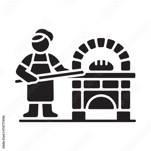 Baker using peel to place bread in traditional brick oven