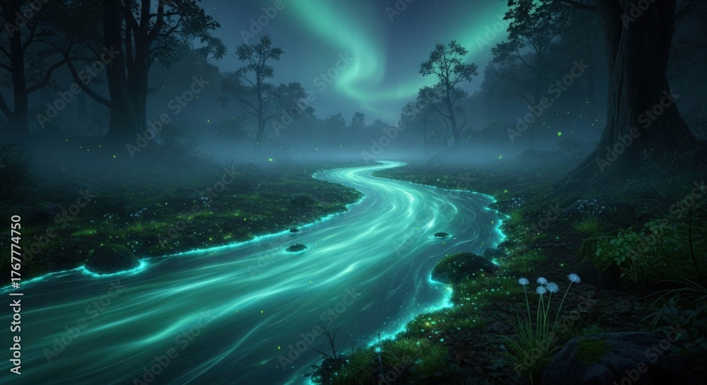 Fototapeta premium Mystical Emerald River Flowing Through Enchanted Forest Under Aurora Borealis.