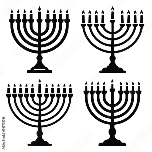 glowing menorah minimal silhouette icon set, Chanukah vector icons
