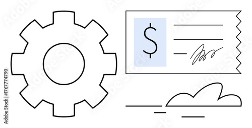Gear symbolizes automation, check represents financial transactions, and cloud suggests digital data storage. Ideal for finance, technology, automation, digital payments, workflow, cloud computing