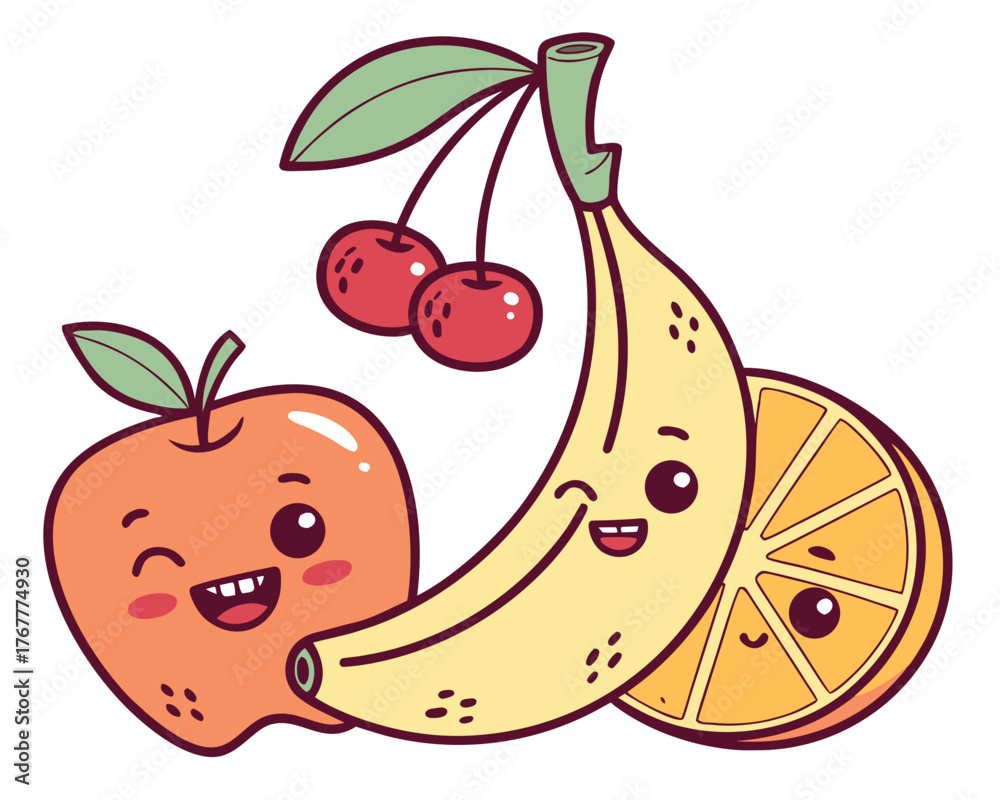 Obraz premium Cute cartoon fruits with smiling faces
