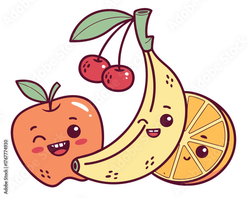Cute cartoon fruits with smiling faces