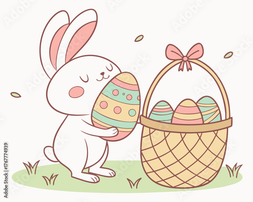 Cute bunny holding easter egg next to basket