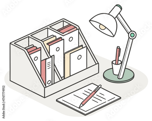 Desk organizer with documents, lamp, and notepad