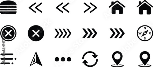 Collection of black navigation icons and symbols isolated on a white background, including arrows, hamburger menu, house, close button, compass, map pin, and more