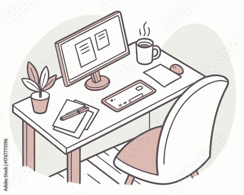 Illustration of a minimalist desk setup with a computer