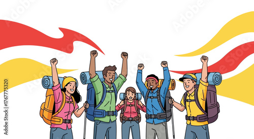 Group Of Hikers Celebrates A Successful And Adventurous Expedition With Their Arms Up High