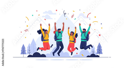 Group Of Hikers Celebrating The Accomplishment Of Mountain Climbing Adventure