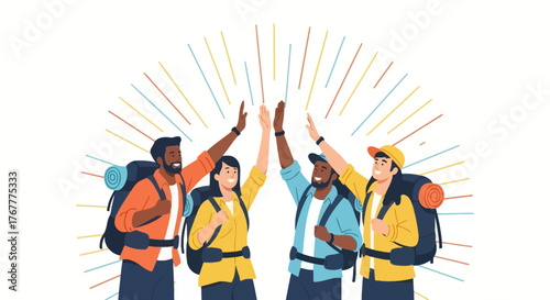 Group Of Hikers Celebrating Achievement With High-Fives And Upward Energy