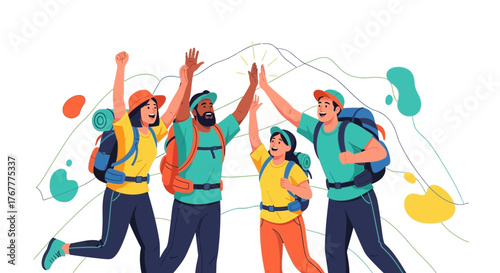 Group Of Hikers Celebrating Victory After Reaching the Summit Together