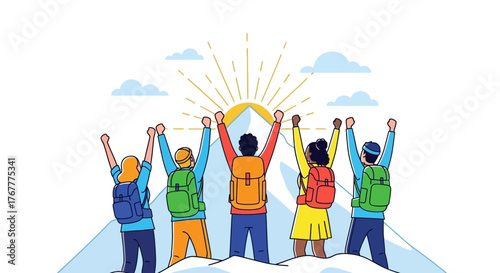 Group Of Hikers Celebrating Victory On Mountain Peak Overcoming Difficulties