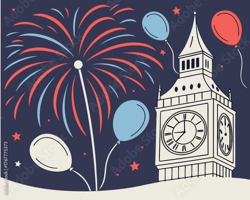 Illustration of big ben with fireworks and balloons against a night sky