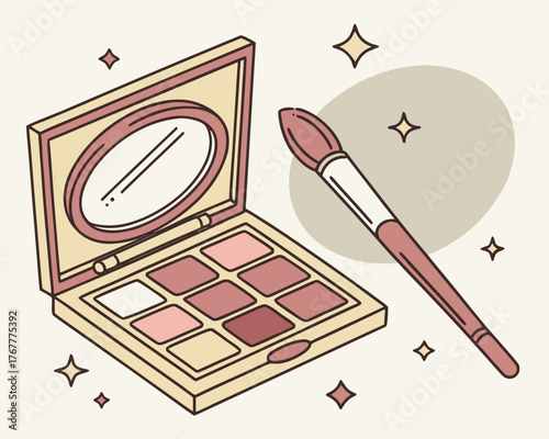 Illustration of eyeshadow palette with mirror and makeup brush on beige background
