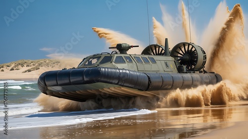 Military hovercraft splashing water and sand as it moves onto a beach vehicle amphibious