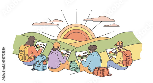 Group Of Artists Sketching Landscapes During A Stunning Sunset Scene Outdoors
