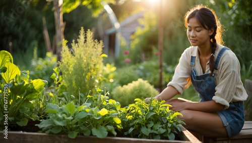 photograph of a young woman sitting peacefully beside her garden bed after watering plants, embodying slow life and mindfulness.
