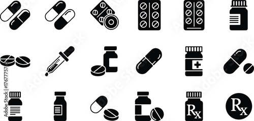 Collection of various medicine and pharmaceutical icons isolated on white background