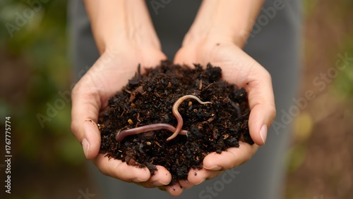 close-up photograph of hands gently holding a pile of rich compost with an earthworm resting on top.