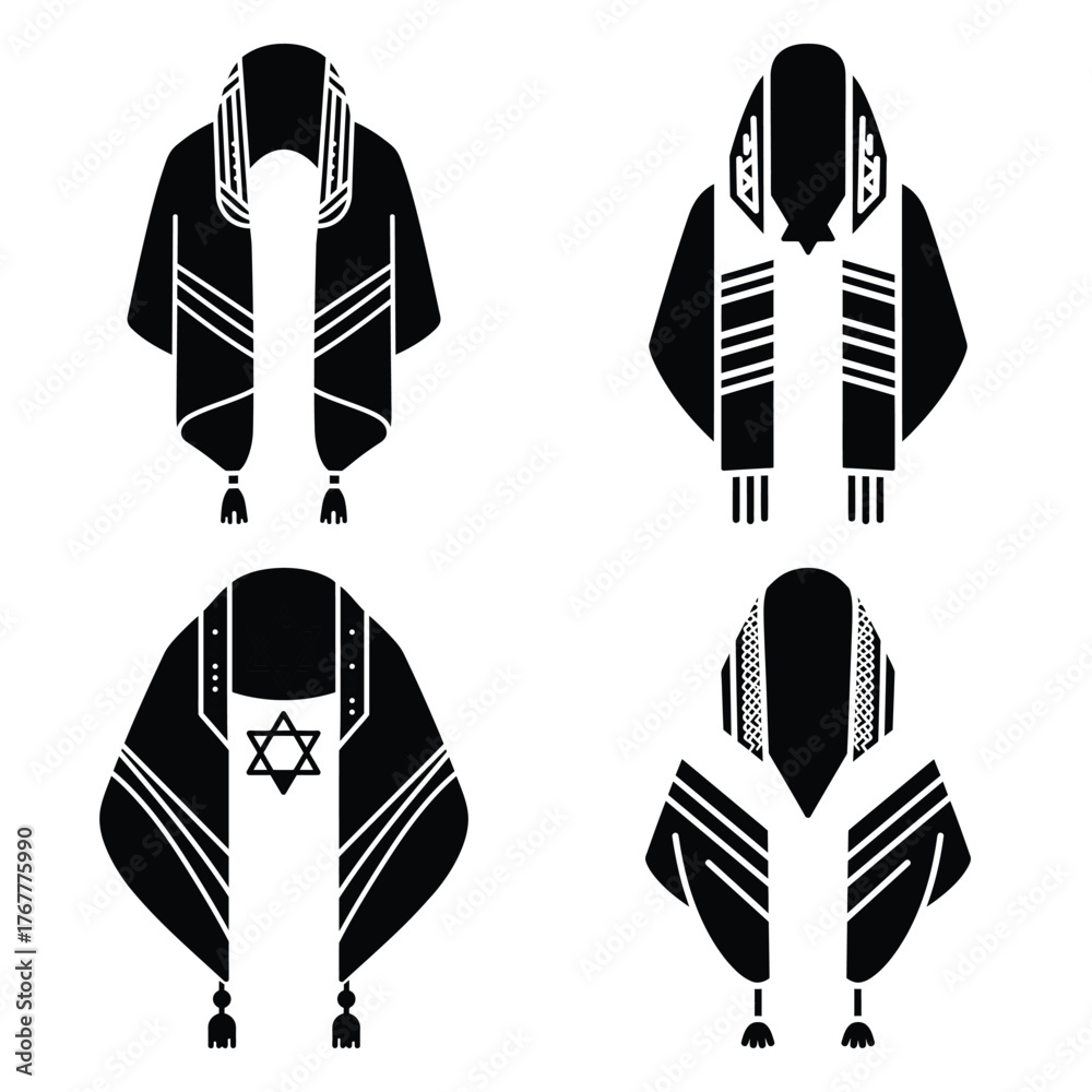 Fototapeta premium prayer shawl tallit minimal silhouette icon set, Chanukah vector icons