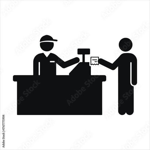 Customer pays cashier at store counter with register and credit card transaction