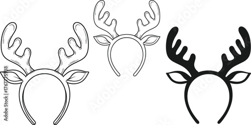 Set of Reindeer Antlers Headband Vector Icons: Christmas Costume Accessory Outline and SilhouetteSet of Reindeer Antlers Headband Vector Icons: Christmas Costume Accessory Outline and Silhouette