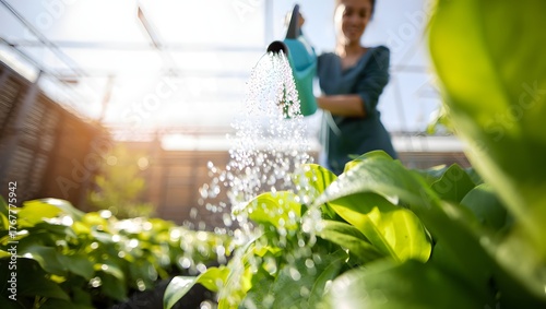 photograph of a young woman watering plants in a raised garden bed, symbolizing sustainable living and a deep connection with nature. 