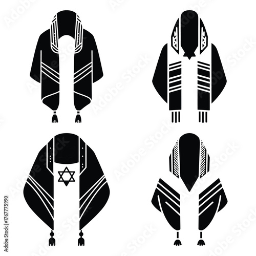 prayer shawl tallit minimal silhouette icon set, Chanukah vector icons