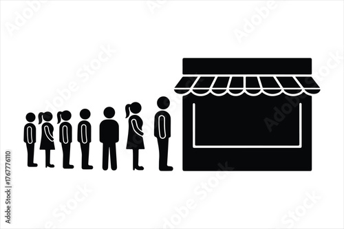 Diverse group of people waiting in line outside a storefront or shop