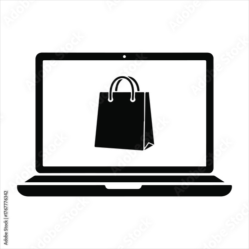 Laptop displaying shopping bag icon for online shopping and e-commerce concept