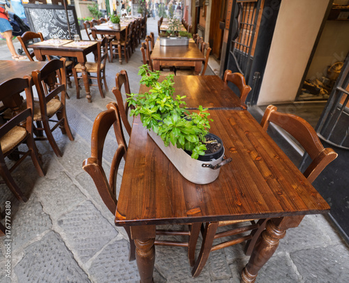 wooden table with basil outside a restaurant in sestri levante in italy
