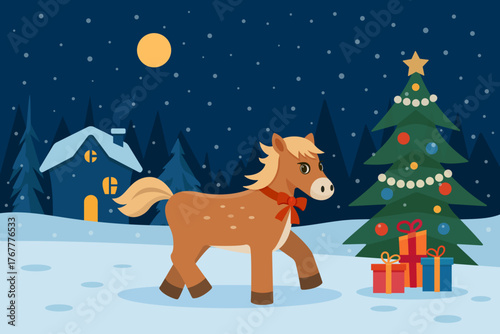 Christmas horse in snowy village, decorated tree, gifts, cozy home and winter night. Perfect festive illustration for cards, posters, and holiday projects.