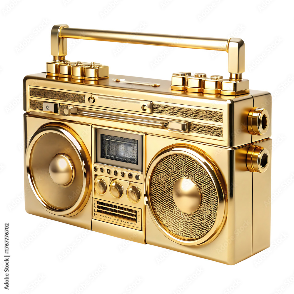 Fototapeta premium Golden boombox a vintage audio player music system with shiny gold finish