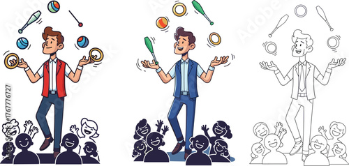 Cartoon juggler performing street show with rings and clubs, entertaining happy audience, colorful comic illustration of circus performer, creative crowd scene