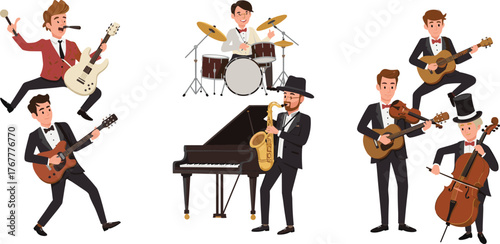 Cartoon musicians playing instruments, jazz and rock band illustration, guitar, piano, saxophone, drums and cello performing music concert scene