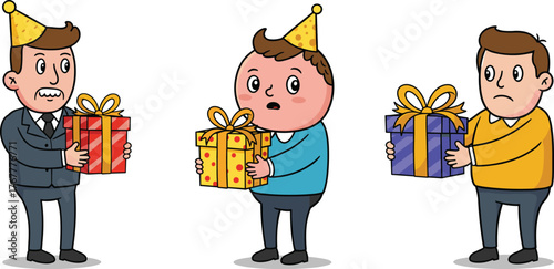Cartoon men with gift boxes and party hats, funny birthday celebration characters illustration, surprised and expressive faces concept art