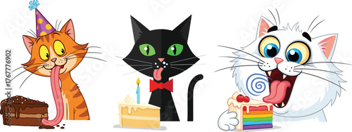 Funny cartoon cats celebrating birthday with delicious cakes, cute kittens eating sweets, colorful dessert party, adorable pet animals illustration, humor