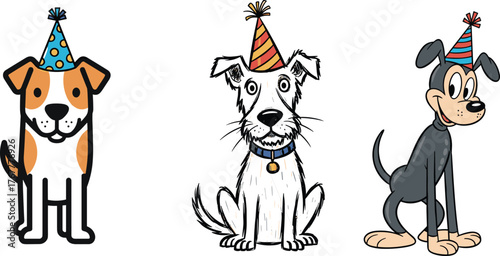 Funny cartoon dogs with party hats, cute birthday pet illustration, happy celebration animals, playful puppy drawing, festive dog artwork