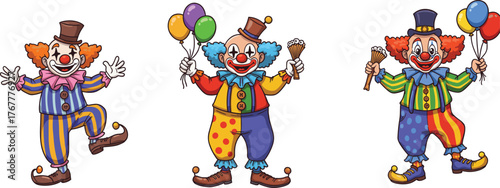 Funny cartoon clowns with balloons and props, colorful costumes, happy circus entertainers, cheerful expression, comic style illustration, joyful performance