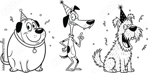 Funny cartoon dogs wearing party hats, black and white line art illustration, cute pet celebration drawing, dog coloring page