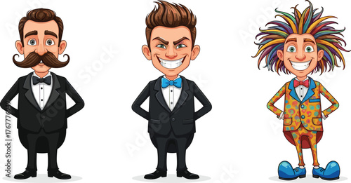 Funny cartoon men in suits, colorful characters with unique hairstyles, stylish tuxedo illustration, smiling gentlemen vector, creative comic design art
