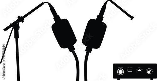 Elegant Vector Illustration Capturing the Essence of Audio Recording - A Silhouette of Microphones, Cables, and Amplifier, Perfect for Sound Design Projects and Digital Media Creations