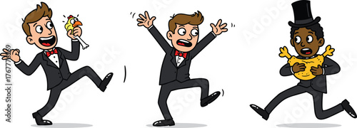 Funny cartoon men in tuxedos playing with rubber chicken, comedy scene illustration, humorous characters running and laughing, playful entertainment concept art